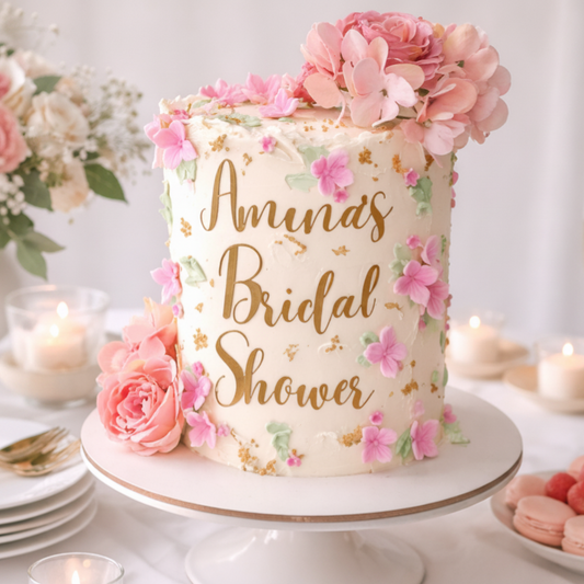 Bridal shower cake with floral decorations and 'Bridal Shower' text on a table with flowers and macarons.