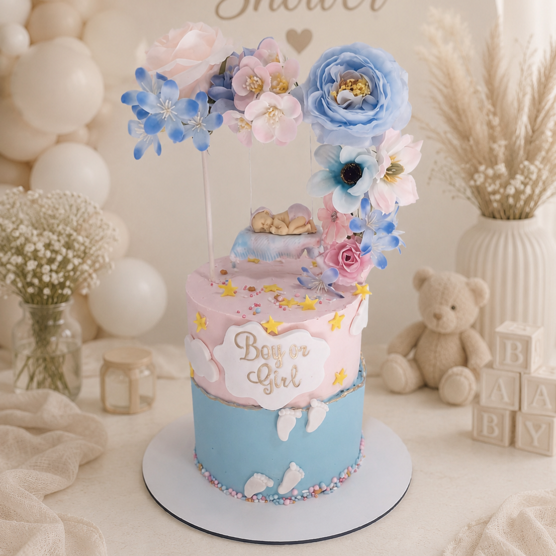 Gender Reveal Cake Essex with pink and blue design, silk flowers and hidden pink or blue buttercream filling delivered by CakeObsession across Essex.