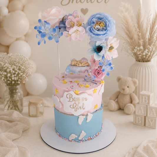 Gender Reveal Cake Essex with pink and blue design, silk flowers and hidden pink or blue buttercream filling delivered by CakeObsession across Essex.