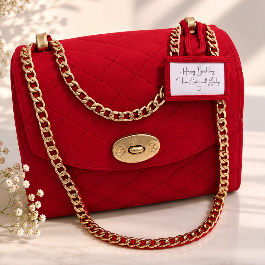 Luxury red handbag cake with quilted detailing and gold chain decoration for a fashion-themed birthday celebration in Essex