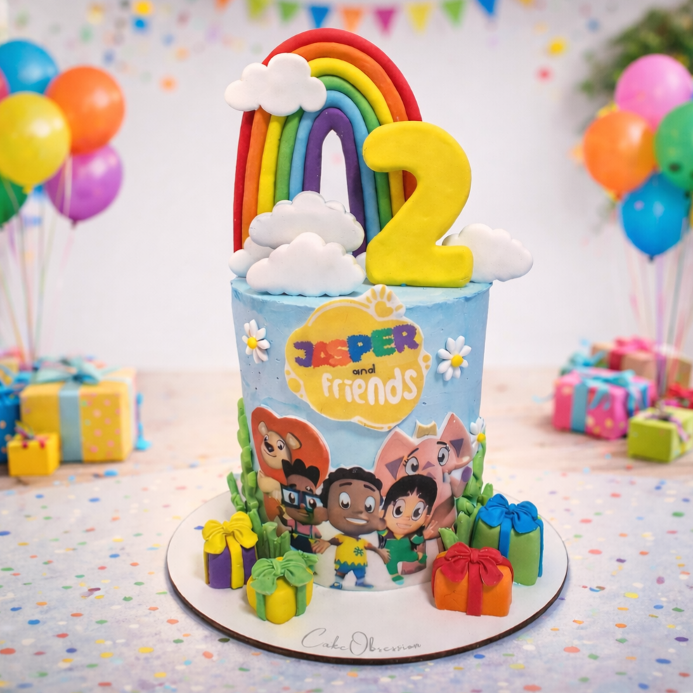 Kunda and Friends birthday cake Basildon Essex – rainbow 2nd birthday cake with characters – kids birthday cake by CakeObsession