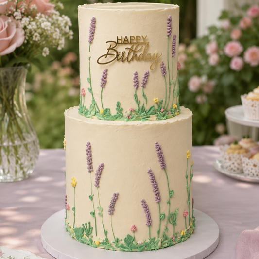 Elegant lavender wildflower birthday cake in Basildon Essex by CakeObsession with buttercream floral design for garden party celebrations and birthdays