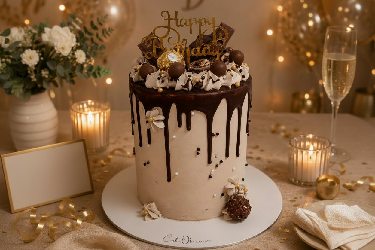 Luxury chocolate drip birthday cake with Ferrero Rocher and gold details by CakeObsession in Basildon Essex