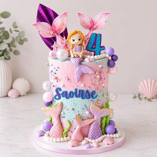 Personalised pink and aqua children's birthday cake with decorative tails, seashells, pearls and a number topper by CakeObsession in Basildon, Essex.