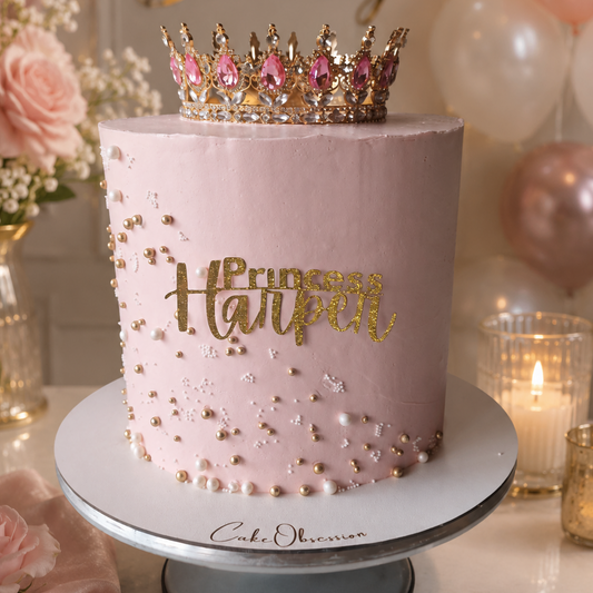 A pink frosted birthday cake on a white cake stand, decorated with gold script reading 'Princess Harper,' scattered gold and pearl sprinkles, and topped with a gold crown featuring pink gemstones. The scene is set in a decorated party environment with balloons, flowers, and candles.