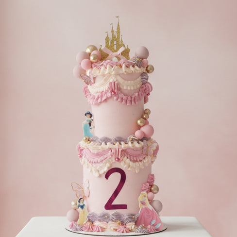 Pink two tier princess castle birthday cake with buttercream ruffles, princess images and golden castle topper, available from CakeObsession in Essex.