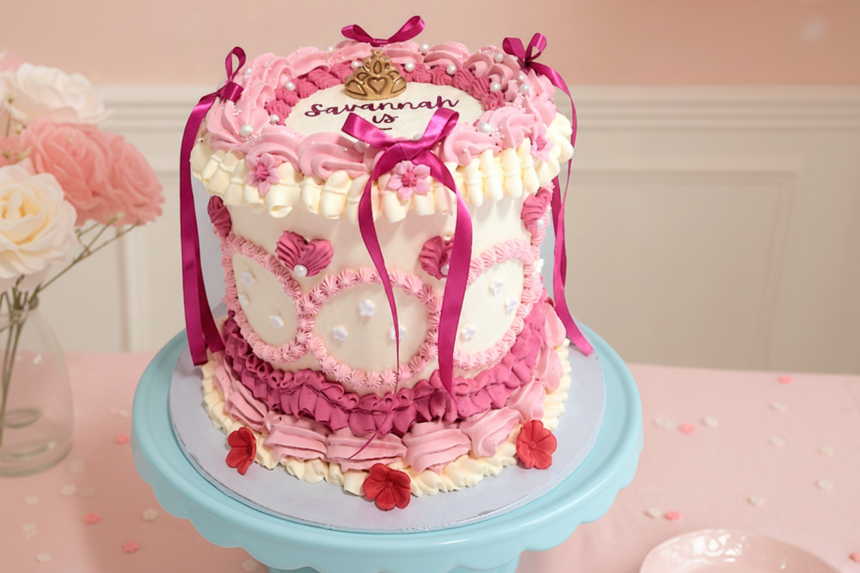 Princess vintage heart birthday cake with pink Lambeth piping, ribbon bows and crown topper by CakeObsession in Basildon Essex