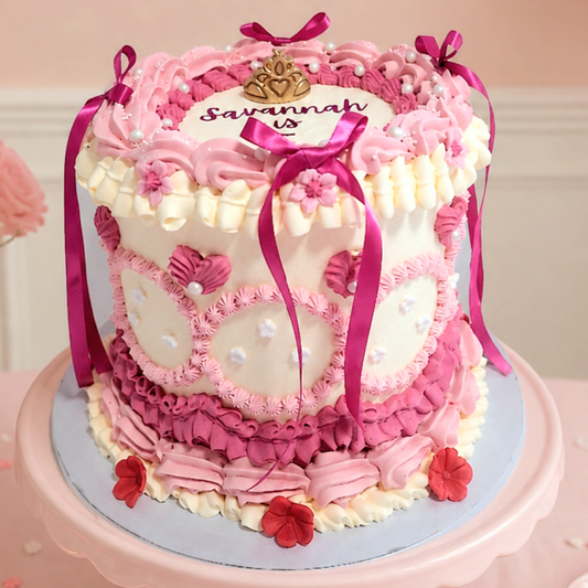 Princess vintage heart birthday cake with pink Lambeth piping, ribbon bows and crown topper by CakeObsession in Basildon Essex