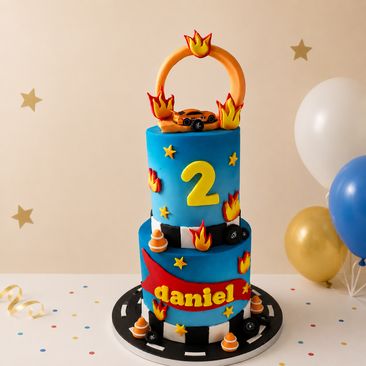 Racing car birthday cake with flames, checkered flags, stunt loop and personalised name, made by CakeObsession in Essex.