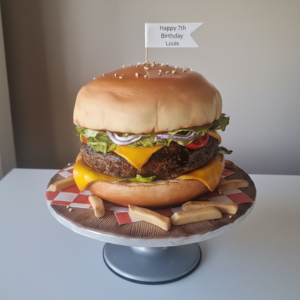 Realistic 3D burger shaped birthday cake with edible buns, cheese, lettuce, onions and tomatoes by CakeObsession in Essex.