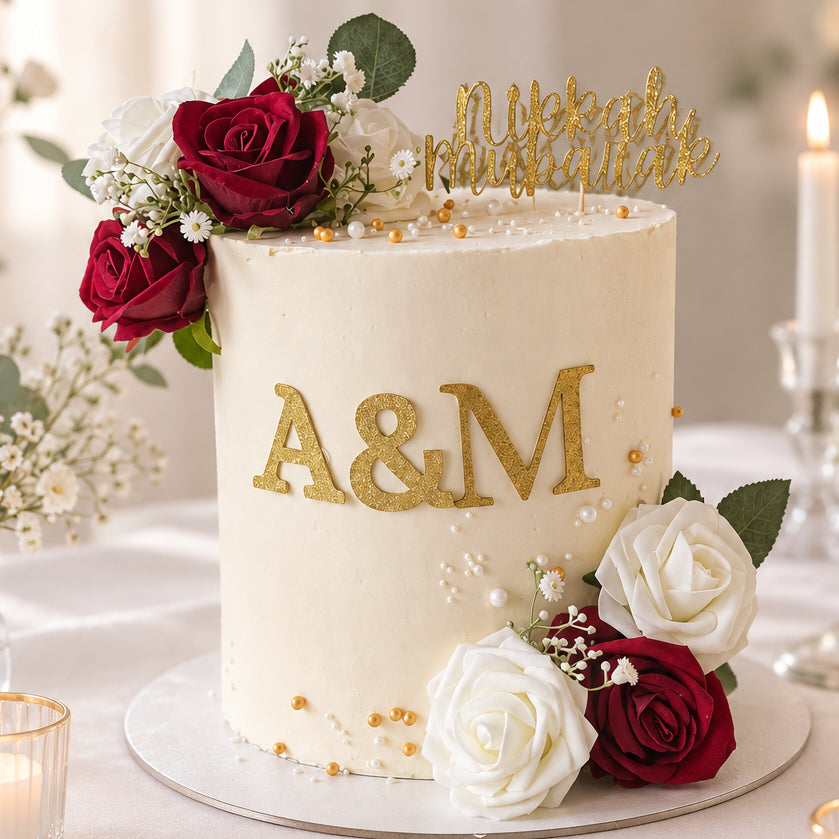 White celebration cake decorated with red and white silk roses, personalised for weddings, birthdays and anniversaries in Essex.