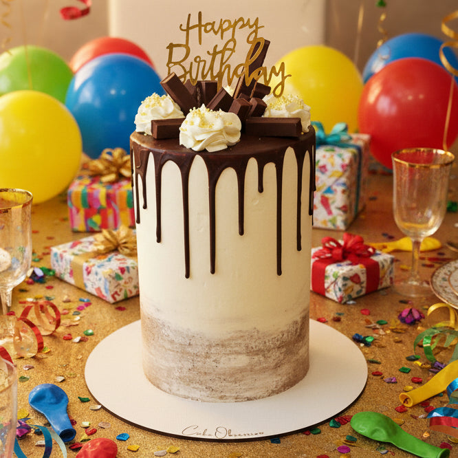Kit Kat Celebration Cake with chocolatey Kit Kat bar border and moist cake inside, handmade and personalised, perfect for Kit Kat lovers, birthdays, and special occasions, available for delivery in Basildon and Essex.