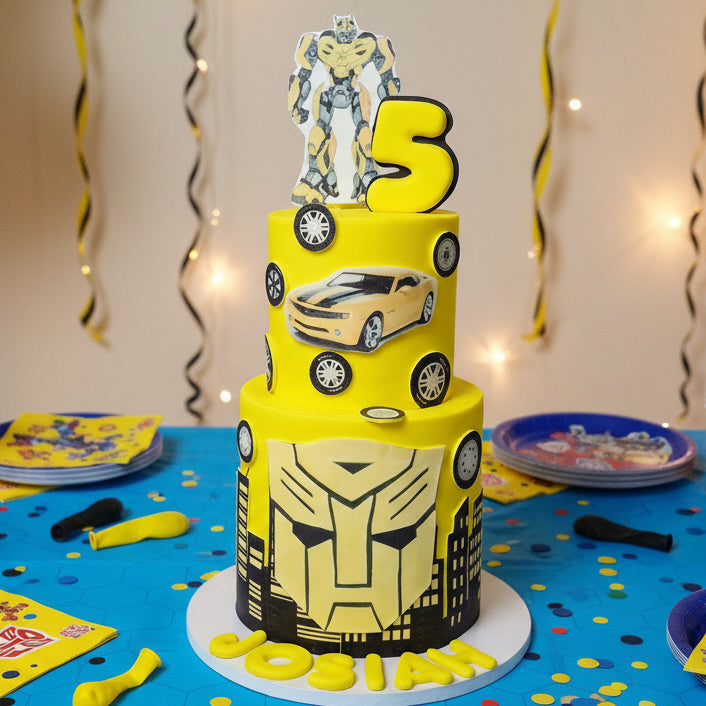Two-tier yellow superhero Transformers birthday cake with Bumblebee design, car details and number 5 topper, custom kids birthday cake in Basildon, Essex