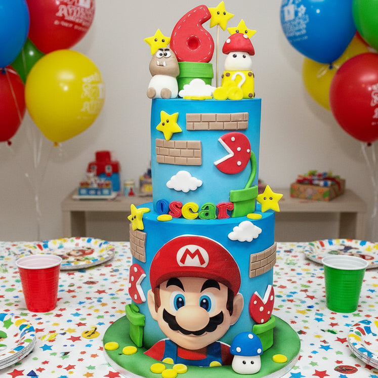 Colorful tiered cake with Mario-themed decorations on a white background