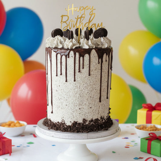 Chocolate & Oreo Celebration Cake with chocolate sponge, vanilla buttercream, and crushed Oreo biscuit filling, handmade and perfect for birthdays, anniversaries, and special occasions, available for delivery in Basildon and Essex.