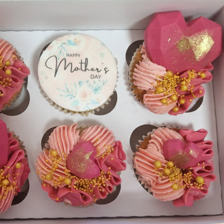 Decorative cupcakes in a box with 'Happy Mother's Day' message
