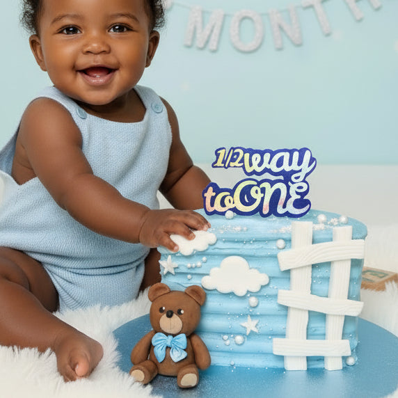 Half birthday cake for baby with teddy bear and clouds – 6 month celebration cake Basildon Essex delivery