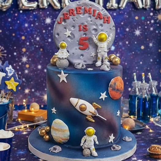 Space themed birthday cake Basildon Essex, galaxy astronaut cake with rocket and planets, kids custom birthday cake delivery Essex