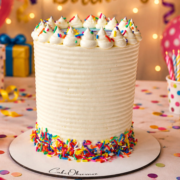 Colourful sprinkle birthday cake with smooth buttercream finish and rainbow sprinkles, available for delivery across Essex from CakeObsession.