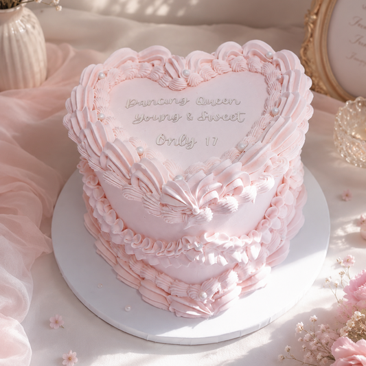 Vintage pink heart birthday cake with elegant piping and pearls by CakeObsession cake shop in Basildon Essex