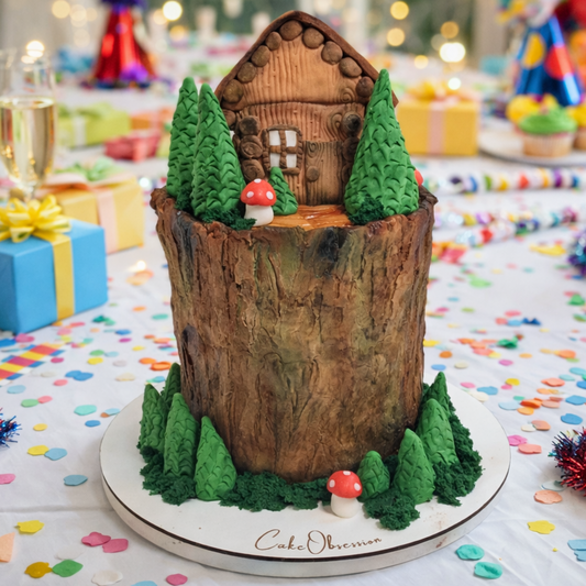Woodland tree stump cake Basildon Essex, rustic birthday cake with mushrooms and edible moss, custom cake by CakeObsession