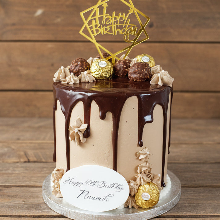 Ferrero Rocher Celebration Cake with rich chocolate layers, chocolate drip, buttercream swirls, and Ferrero Rocher chocolates, handmade and personalised, perfect for birthdays, anniversaries, and special occasions, available for delivery in Basildon and Essex.