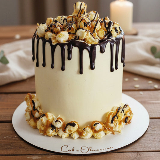 Salted Caramel Popcorn Celebration Cake with salted caramel sponge, chocolate drip, and popcorn topping, handmade and personalised, perfect for birthdays, anniversaries, and special occasions, available for delivery in Basildon and Essex.
