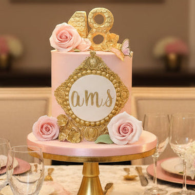 pink and gold rose birthday cake made in Basildon Essex