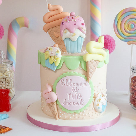 Candy Land Birthday Cake in Basildon Essex with ice cream cone and cupcake decorations, handmade and colourful