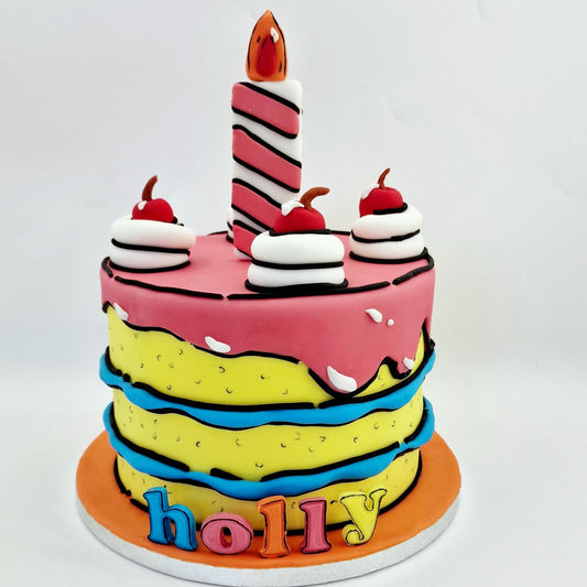 A colorful cartoon-style cake with multiple layers and decorative elements, including a candle and what appears to be a character or object in yellow and pink tones.