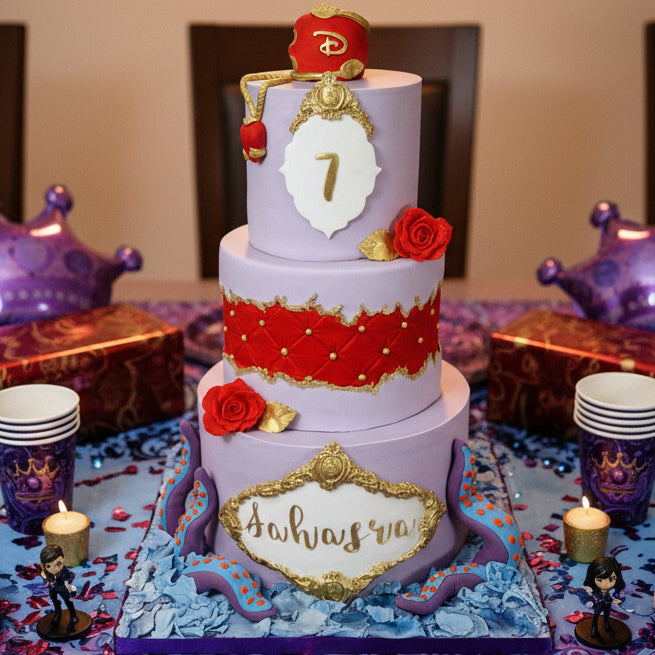 Descendants birthday cake in Basildon Essex with purple and red fondant, iconic Descendants decorations, personalised with name and age.
