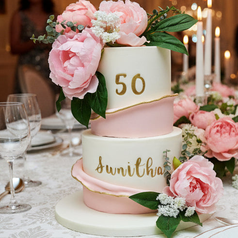 Elegant White and Pink Cake Basildon Essex with hand-painted gold edges and silk flowers, luxury handmade celebration cake