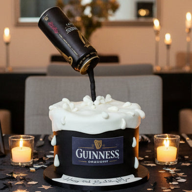 Guinness-themed birthday cake with black fondant and beer can effect, personalised with name and age, cake delivery Basildon Essex