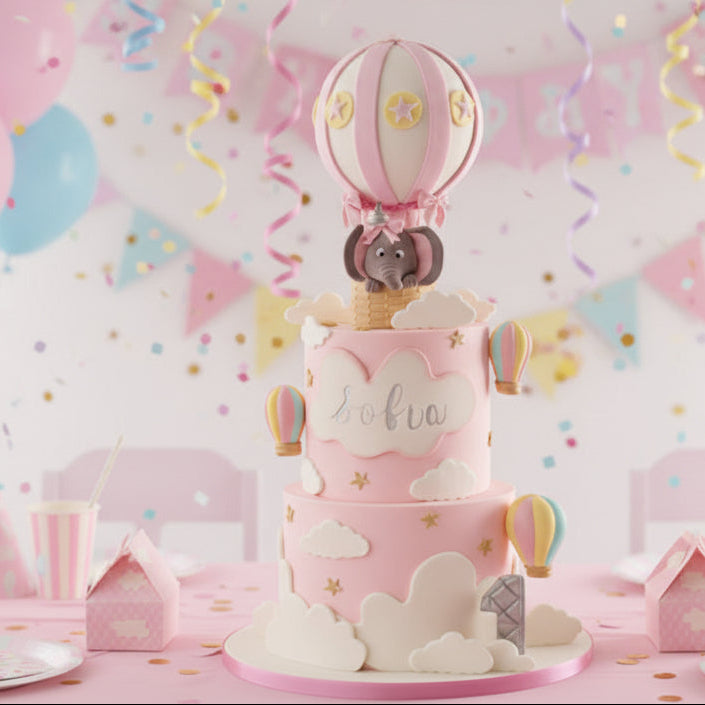 Hot Air Balloon Cake in pink fondant with elephant figure, personalised name and age, birthday cake delivery Basildon Essex