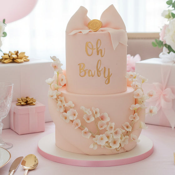 Oh Baby / baby shower cake in Basildon Essex, Victoria sponge or chocolate cake with fondant and handmade sugar flowers, flowers on inedible structure.