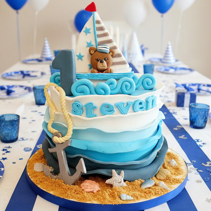 Sailing themed birthday cake with fondant waves, cute bear, anchor, inedible sail, personalised with name and age, delivery Basildon Essex