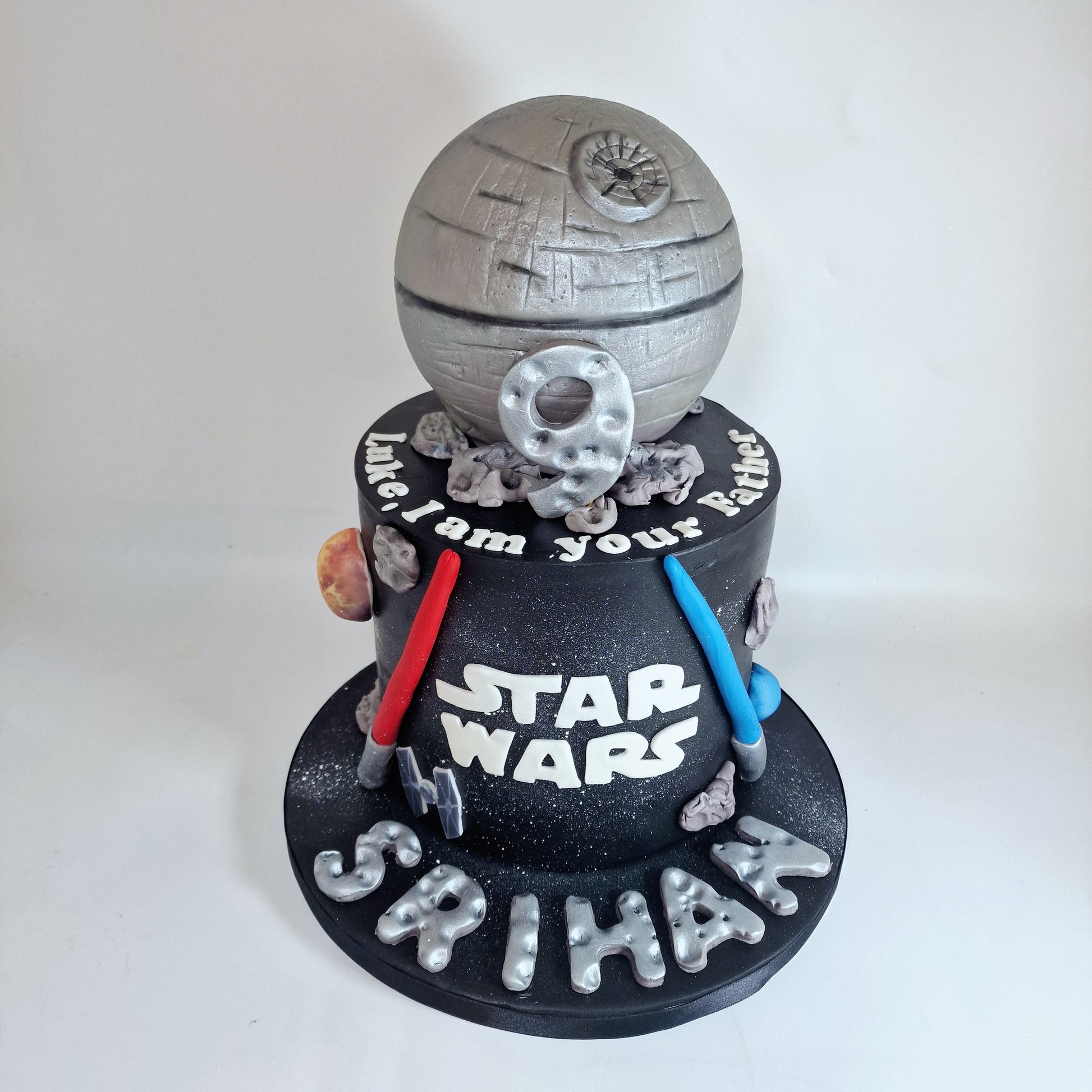 Star Wars birthday cake with Death Star decoration, personalised with name and age, cake delivery Basildon Essex