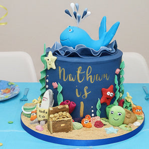 Under the Sea birthday cake in Basildon Essex, Victoria sponge or chocolate cake with fondant sea decorations, personalised with name and age.